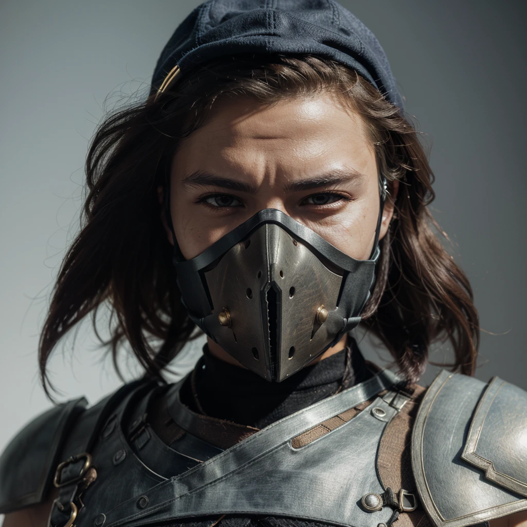 ((Cloth)), ((Armor))((Bone Mask)) (High Detail Skin: 1.2) Close-up of man with hat and mask, Infinity Blades concept art, Infinity Blades armor, shoulder armor, warrior concept art, mortal kombat characters, 8kuhd, dslr, soft light, high quality, film texture ((amateur photo)), white background
