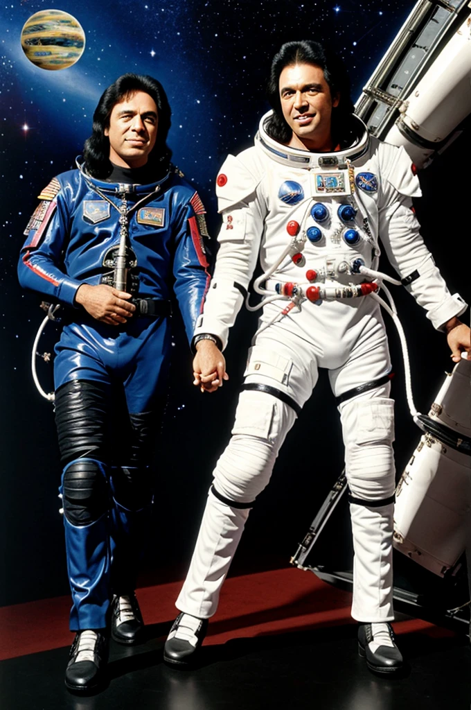 Gene Simmons in a space suit holding hands with the Virgin of Guadalupe 