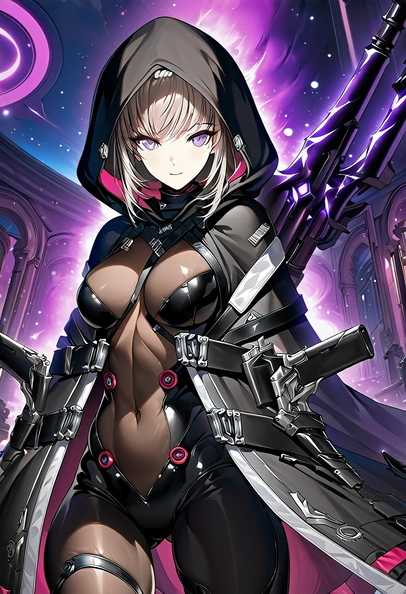 absurdres, by famous artist, exquisite, upper body shot, hood, jacket, body suit, black clothes, black wear, tights, weapon, blue and purple eyes, perfect eyes, beautiful face, masterpiece, super fine illustration, ultra high res, masterwork, best quality, cg unity 8k wallpaper, official art, ultra detailed, beautiful, 