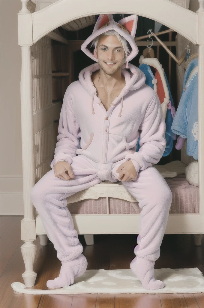 A teenage boy with white hair in a large nursery, ((wearing fox hoodie-footie pjs)), (((wearing a diaper))), (in a crib 1.5), stuffed animals, ((1boy)), high quality, extremely detailed, highly detailed, masterpiece, soft lighting, warm colors, pastel colors