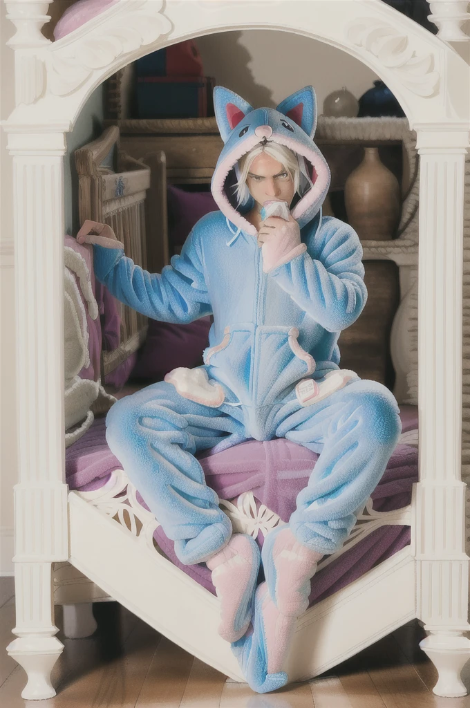 A teenage boy with white hair in a large nursery, ((wearing fox hoodie-footie pjs)), (((wearing a diaper))), (in a crib 1.5), stuffed animals, ((1boy)), high quality, extremely detailed, highly detailed, masterpiece, soft lighting, warm colors, pastel colors