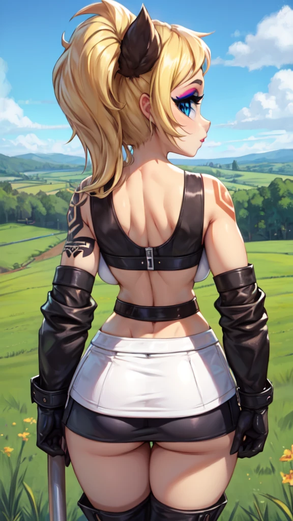 White tube top, white felt miniskirt, FOCUS CUTE FACE,  MAKEUP, blonde medium wave hair, narrow eyes, blue eyes, countryside, FOCUS wear black boots, with BLACK TATTOS in her body, FOCUS wear leather gloves, FOCUS flat breasts, outdoors, blue sky, all body view. BACK VIEW. She is looking at the viewer.  