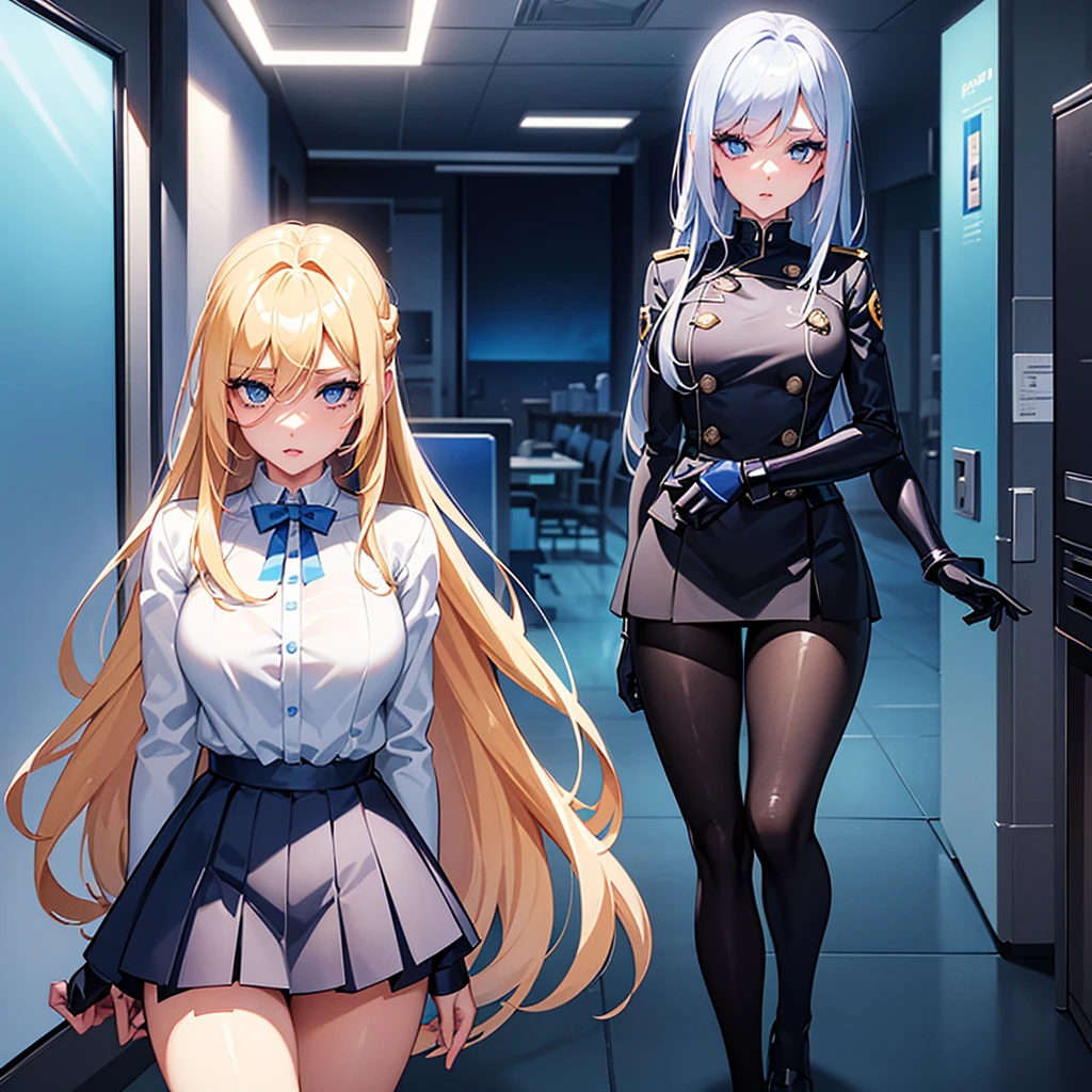 Screencap Blue Lock, a teenager young woman with blue eyes and a beautiful long and blonde hair, big eyelashes, full lips with lip gloss. She wears a uniform consisting of a white shirt and a black skirt. She is animated a the anime style of the anime Blue Lock. captura de pantalla blue Lock, animada ala estilo del anime Blue Lock