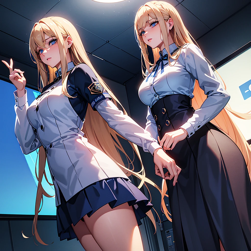 Screencap Blue Lock, a  young woman with blue eyes and a beautiful long and blonde hair, big eyelashes, full lips with lip gloss. She wears a uniform consisting of a white shirt and a black skirt. She is animated a the anime style of the anime Blue Lock. captura de pantalla blue Lock, animada ala estilo del anime Blue Lock