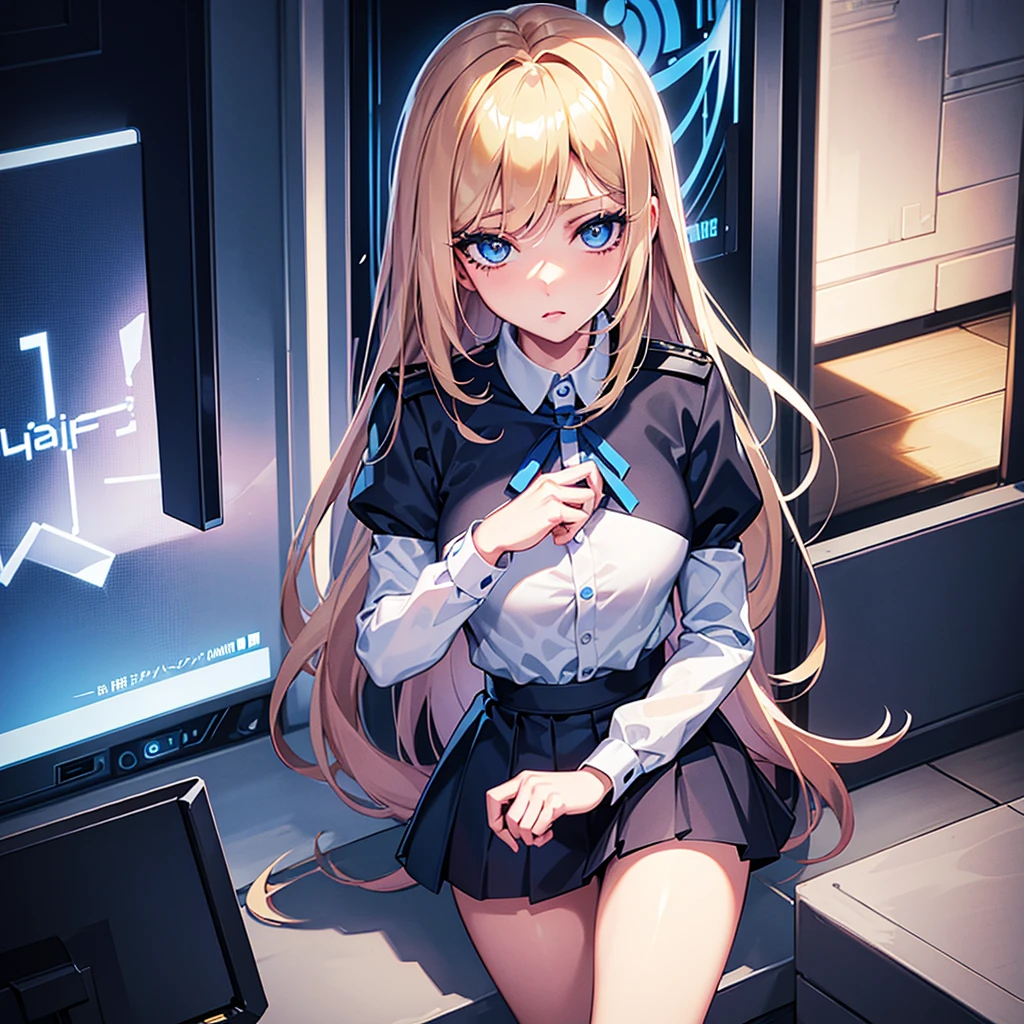 Screencap Blue Lock, a teenager young woman with blue eyes and a beautiful long and blonde hair, big eyelashes, full lips with lip gloss. She wears a uniform consisting of a white shirt and a black skirt. She is animated a the anime style of the anime Blue Lock. captura de pantalla blue Lock, animada ala estilo del anime Blue Lock