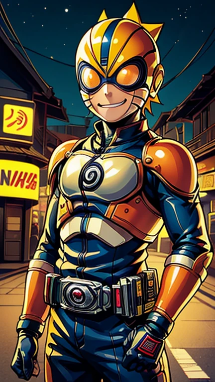 (8k),(masterpiece),(Japanese),(8-year-old boy),((innocent look)),((Childish)),From the front,smile,cute,Innocent,Kind eyes,Flat chest, Uzumaki Naruto,Kamen_Rider, yellow helmet,orange domino mask,camisa,bald,no hair,Strong wind,night,dark, Neon light cyberpunk Konoha village