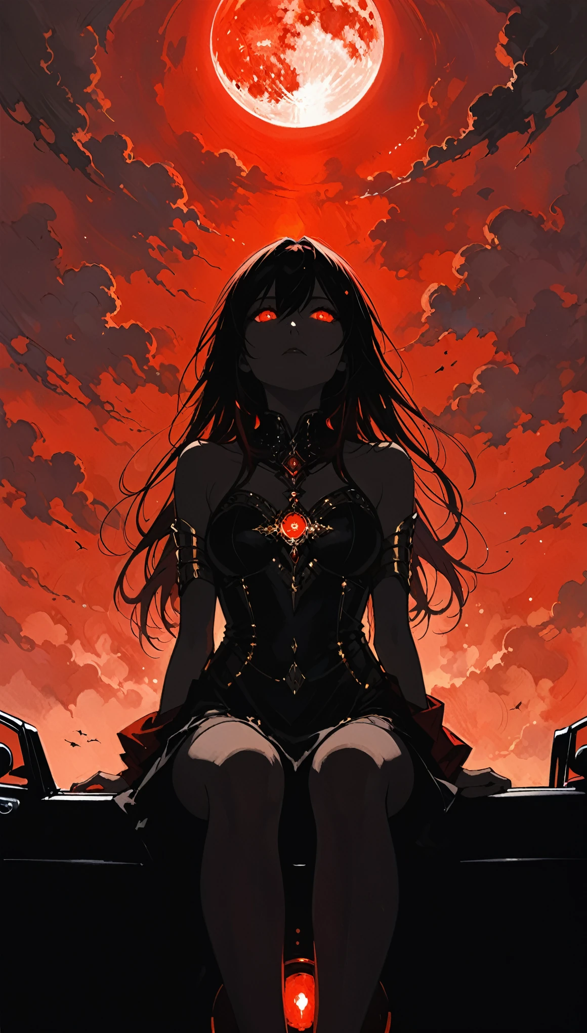 in style of Ashley Wood,in style of Santiago Caruso,
1girl,knees apart feet together,?,large areas of white space,grey_background,(minimalist red background:1.1),sitting,at the bottom of the screen,(looking up side:1.5),from the side,oil_painting_(medium),drop_shadow,the ultimate sparkle,the eyes emit a point light source,red clothes,(red_background:1.1),(red glowing eyes:1.7),red worship,red glow,shades of red,(dark:1.2),(the ultimate in darkness:1.2),(red moon celestial bodies:1.1),a sea of red clouds,(chaotic diffraction:0.5),red sky,red skin,wideangle,(there is a black car driving from a distance in the background:1.3),(an intense light shone on the silhouette of the maiden:1.3),(rough oil brush strokes:1.6),tyndall pillar of light,