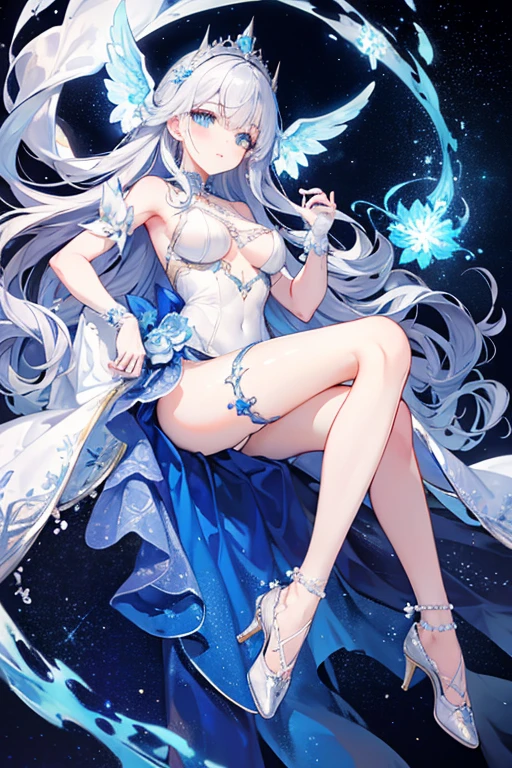 full body, brilliant, luminescent blue color eyes. They seem to sparkle with an inner light, resembling a starry night sky or deep, clear ocean waters. The irises are intensely vivid, with intricate patterns that add to the mesmerizing effect. The overall impression is ethereal and captivating, giving the eyes a magical or fantastical quality. featuring a combination of elegant detailed high-heeled shoes with pointed toes, adorned with decorative elements such as lace, pearls, and floral appliques. The straps around the ankle are embellished with delicate chains and beads, adding a touch of glamour. Additionally, there are wide satin ribbons that wrap around the lower legs, tied into large, elegant bows, wavy silver hair, Diamond detailed crown, white satin gloves that extend slightly past the wrist. They feature a delicate pearl accent at the wrist, adding a touch of sophistication and charm. The material appears smooth and shiny, suggesting a high-quality satin fabric, often used for formal occasions such as weddings or other upscale events.