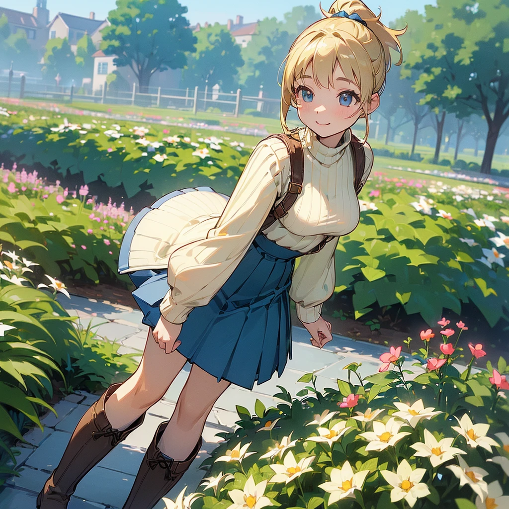 (high quality, High resolution, Very detailed, reality:1.37), Peaceful atmosphere, (Outdoor, garden), Teenage girl standing alone, (my breasts are big.), Beautiful details, Cute Smile, (Blonde Ponytail), Ribbed sweater, Blue Skirt, Black tights, Brown boots.