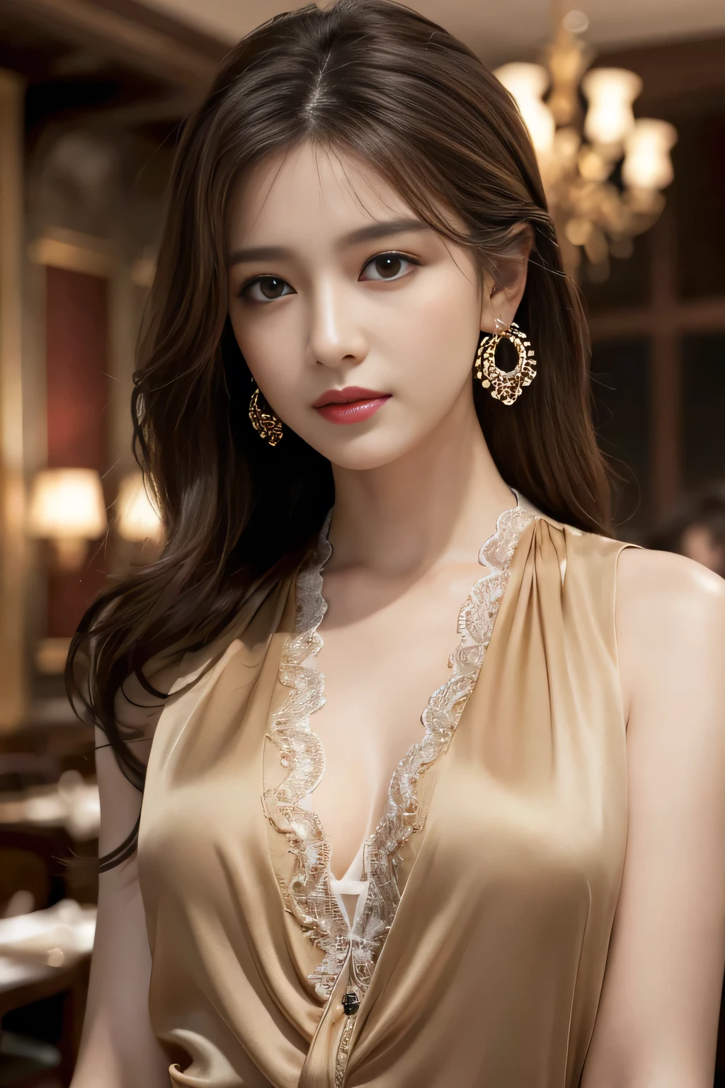 masterpiece, Highest quality, Realistic, Very detailed, Finer details, High resolution, 8k wallpaper, One beautiful woman, Wear a fine colored silk shirt, In a great restaurant, At night, Light brown messy hair, Perfect dynamic composition, Beautiful and beautiful eyes、Big earrings、chest、Sleeveless shirt、