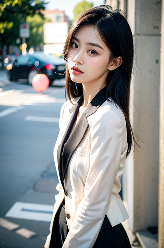 最high quality, masterpiece, 1 girl, Beautiful Face, (Photorealistic photography:1.3), Rim Light, (Skin with attention to detail:1.2), 8k ウルトラHD, Digital SLR, high quality, High resolution, 4K, 8k, Bokeh, Absurd, The optimal ratio is four fingers to one thumb, (Genuine:1.3), Small face, pretty girl, Black Formal Blazer, Middle chest, Short skirt,office