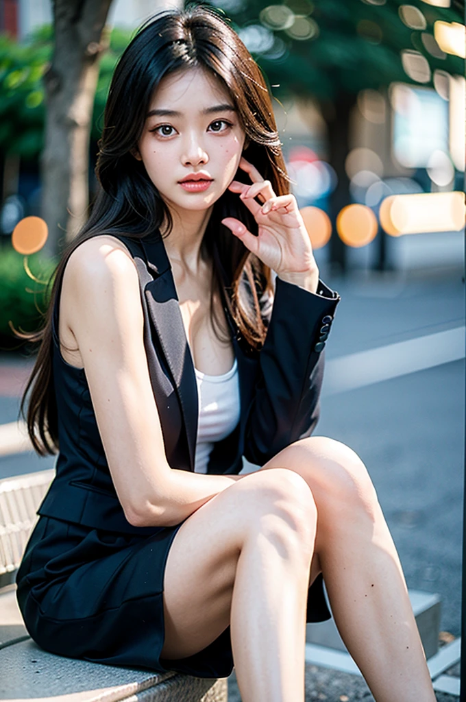 最high quality, masterpiece, 1 girl, Beautiful Face, (Photorealistic photography:1.3), Rim Light, (Skin with attention to detail:1.2), 8k ウルトラHD, Digital SLR, high quality, High resolution, 4K, 8k, Bokeh, Absurd, The optimal ratio is four fingers to one thumb, (Genuine:1.3), Small face, pretty girl, Black Formal Blazer, Middle chest, Short skirt,office