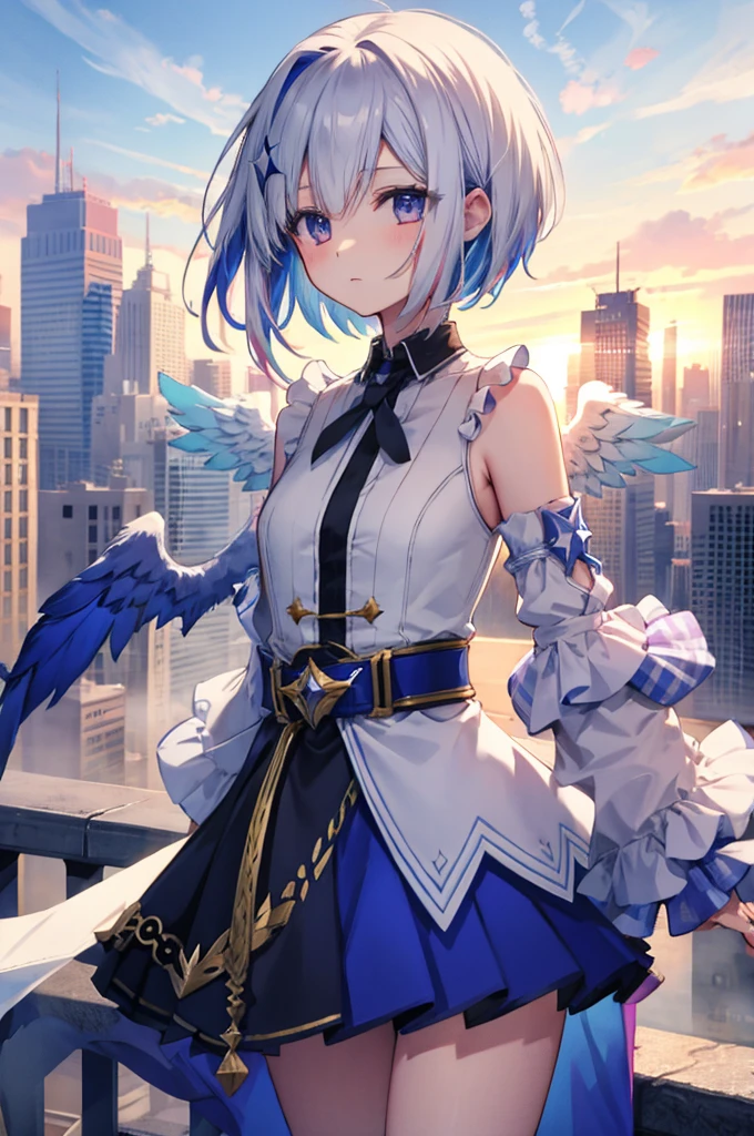 On top of a building、Overlooking the city、A fleeting expression、short hair、Small Wings、Shot from above、Concept Art、masterpiece、high resolution、Small breasts、Dynamic Angles