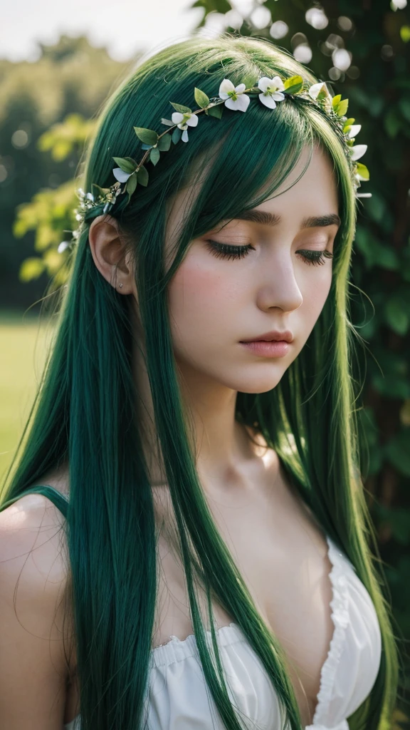 a girl. face sent feeling. Europe. Oval face. long face. delicate facial features. sad closed eyes. seductively seductive. green eyes. long straight hair. green hair. wreath on head. disappointed expression. straight face. outdoor