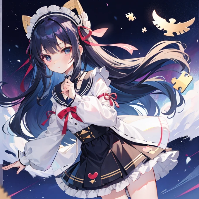 Long navy hair，Lolita Skirt，Fufu has a very cute face，It's a cute girl，Holding a puzzle piece