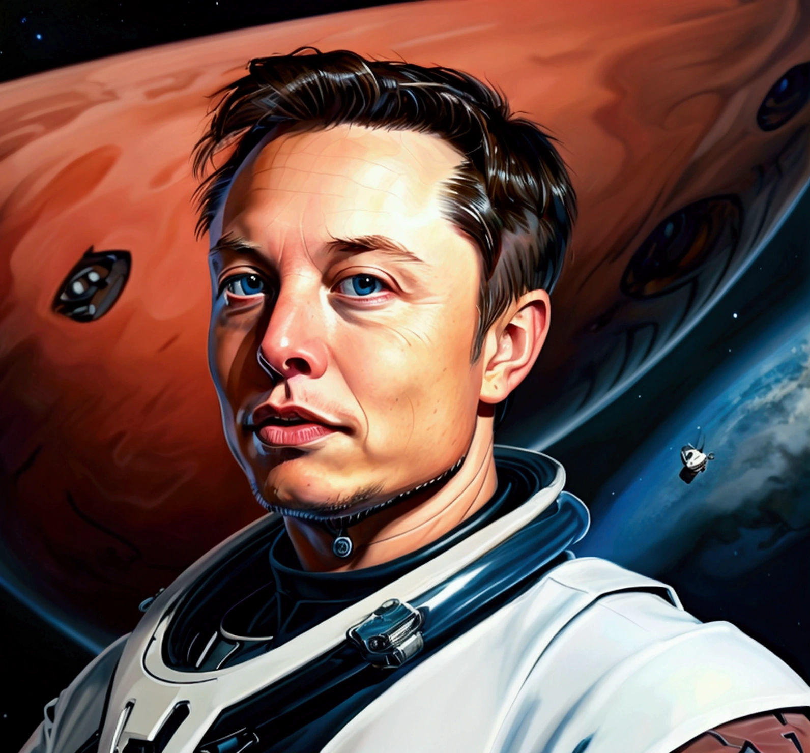 A visionary technology magnate, astronaut Elon Musk is depicted in stunning detail. His sharp features exude determination, framed by tousled hair and piercing eyes that seem to peer into the future. This masterfully crafted portrait captures Musk's innovative spirit, showcasing a blend of intelligence and ambition. The image, possibly a hyper-realistic painting, conveys a sense of timeless elegance and modern sophistication. Every brushstroke highlights Musk's magnetic presence, making this a truly captivating and memorable visual masterpiece.