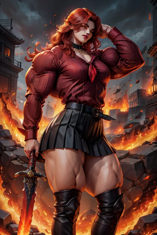 ((Massive tall, beautiful, buff, pale white skinned muscular asian woman with red hair, black lipstick, ginormous bulky muscles, carrying a fire sword and wearing a red long sleeve pleated shirt with beautiful long pleated skirt)), ((close view)), (massive muscles), long hair, yellow eyes, choker, ((red long sleeve pleated shirt and tie)), neck tie, ((beautiful long pleated skirt)), belt, thigh high socks, black boots, (in a fire city), closed smile, night, massive muscles