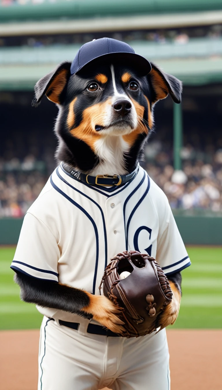 Anthropomorphizing a dog,Dog is a baseball player,pitcher,Real,live-action,During the game,baseball Ground