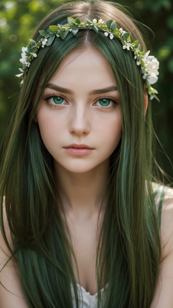 a girl.  face sent feeling.  Europe.  Oval face.  long face.  delicate facial features.  sad eyes.  seductively seductive.  green eyes.  long straight hair.  green hair.  wreath on head.  disappointed expression.  straight face.  outdoor