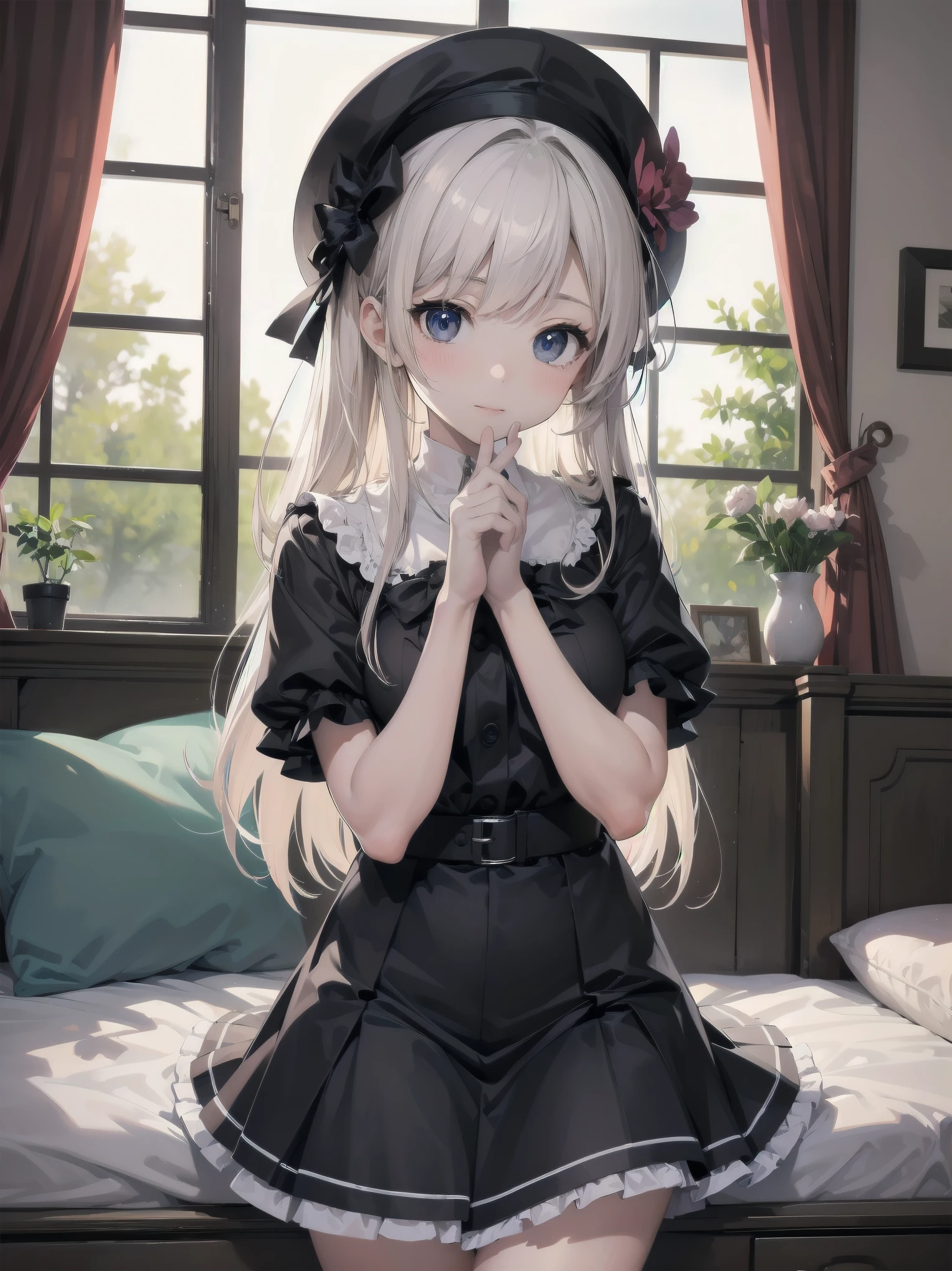 masterpiece, illustration, ultra detailed, kawaii, one girl, solo, sister in super cute pose, bedroom, cowboy shot, SFW, dynamic angle