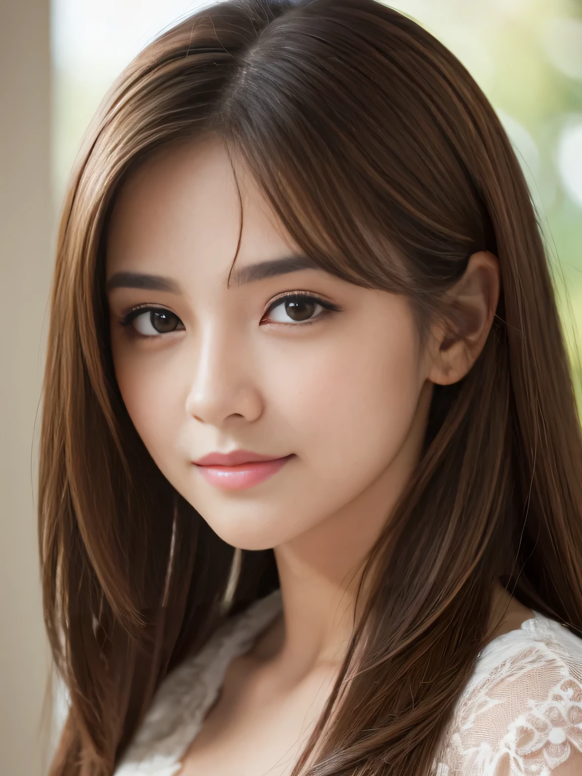 (Raw photo), (Photoreal), (masterpiece), (highest quality), High resolution, 8K resolution, (intricate details), (light with volume), Portrait, woman, medium hair, straight hair, layered hair, brown hair, highly detailed eyes, highly detailed eyebrows, highly detailed skin, highly detailed mouth, highly detailed nose, cute like an idol, smile, ((thick lips)), ((look into the viewer's eyes)), (well-shaped chest), (cleavage), (elegant black see-through blouse), (Random body orientation),
