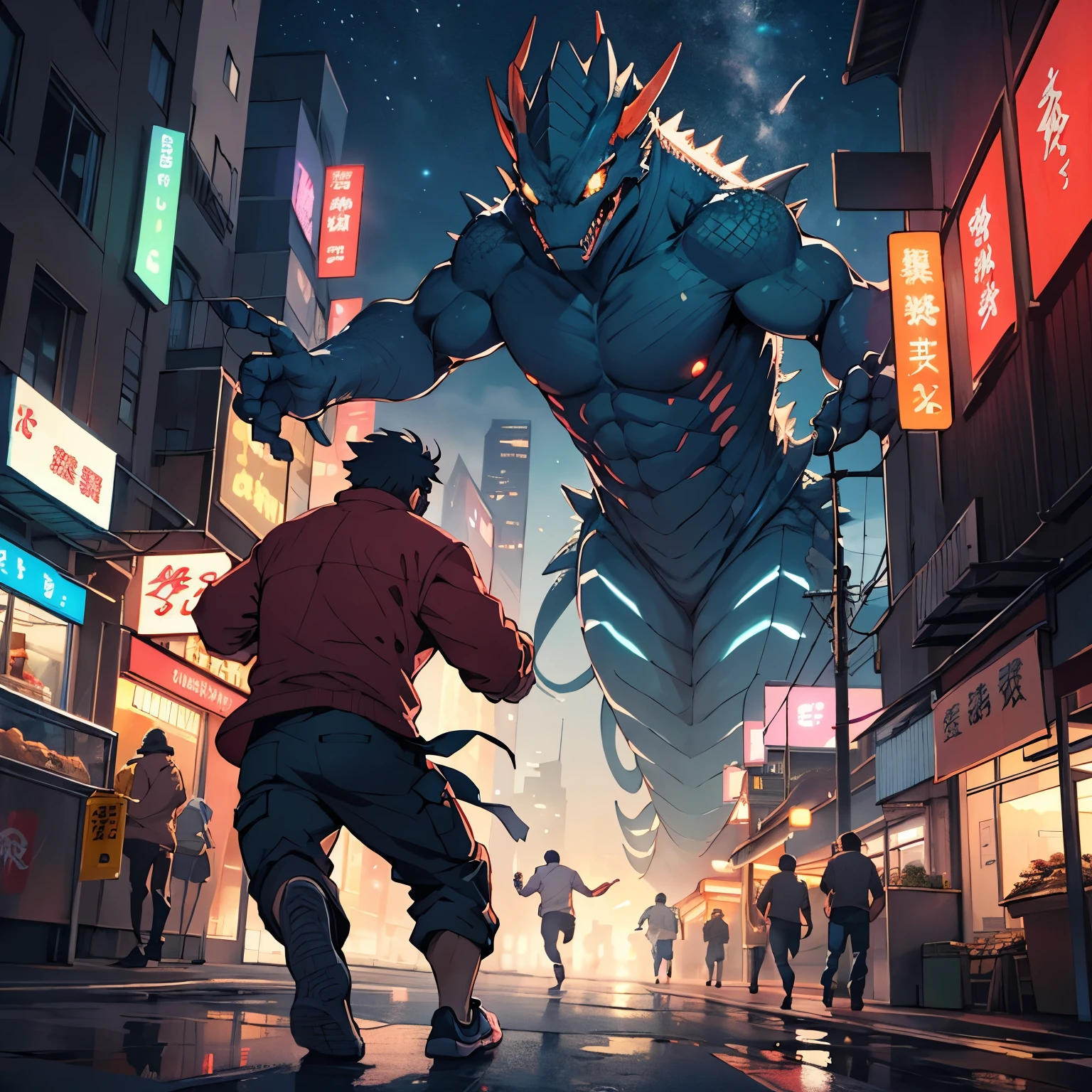 high qualiy, city at night, people running away, single man fighting a crustacean kaiju