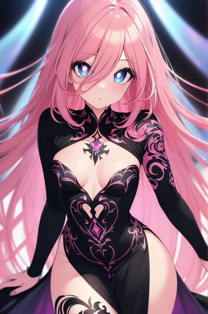 1girl, anime, cute girl, blank background, white background, fantasy, detailed fantasy dress with highlights, beautiful face, beautiful eyes, dark colors, pink hair with some streaks of blue strands, different color pupil in eye, medium small breasts (slightly big), slight cleavage, beautiful skin, cute, breast curtains, extremely delicate and beautiful, (beautiful detailed face:1.0), (detailed deep eyes), symmetrical breasts, deep eyes, shiny skin, portrait, slender waist, hips wider than shoulders, thighs, expressionless, young girl, luminous eyes, adorable，（Kpop idol）,（aegyo sal：1），（Platinum blonde hair：1），（（puffy eye）），Black panty，sexy posture，Superskirt, ultra high resolution，Black collar，slim figure, Abdominal y tattoo, womb tattoo，Tight-fitting leg ring，y tattoo on half-body，Bare skin, Armored hand，Hidden fingertips，Hand covered，Arm covered，Fist covered,{{beautiful detailed fingers}}, tufts of hair, moderate beautiful breast:1.0,