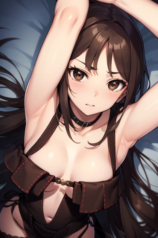 consortyu consort yu yu mei-ran (brown eyes:1.7), dark black long hair,  (ample chest:1.2), raised arms, embarassed face, blushing, gasping
BREAK collarbone, very short and low-cut frilly dress with slit, bare arms, bare shoulders, bare legs
BREAK looking at viewer,
BREAK indoors,
BREAK (masterpiece:1.2), best quality, high resolution, unity 8k wallpaper, lying on bed with arms up (illustration:0.8), (beautiful detailed eyes:1.6), extremely detailed face, perfect lighting, extremely detailed CG, (perfect hands, perfect anatomy), full body shot, black stockings