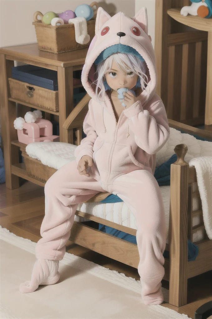 An anime image of a teenage boy with white hair playing with baby toys. teething ring, ((playing with toys)), (wearing fox hoodie-footie pjs), (((wearing a diaper))), [[sleeping]], (in a crib 1.5), stuffed animals, ((1boy)), best quality, extremely detailed, highly detailed, masterpiece, soft lighting, warm colors, pastel colors, (well drawn fingers), hood up
