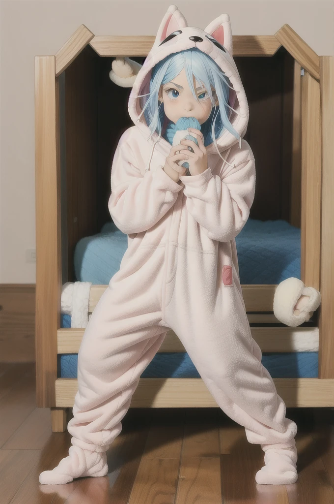 An anime image of a teenage boy with white hair playing with baby toys. teething ring, ((playing with toys)), (wearing fox hoodie-footie pjs), (((wearing a diaper))), [[sleeping]], (in a crib 1.5), stuffed animals, ((1boy)), best quality, extremely detailed, highly detailed, masterpiece, soft lighting, warm colors, pastel colors, (well drawn fingers), hood up
