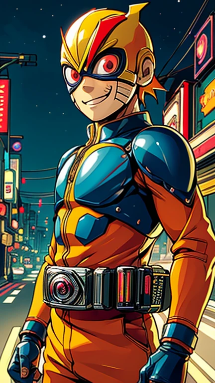 (8k),(masterpiece),(Japanese),(8-year-old boy),((innocent look)),((Childish)),From the front,smile,cute,Innocent,Kind eyes,Flat chest, Uzumaki Naruto,Kamen_Rider, yellow helmet,orange domino mask,camisa,bald,no hair,Strong wind,night,dark, Neon light cyberpunk Konoha village