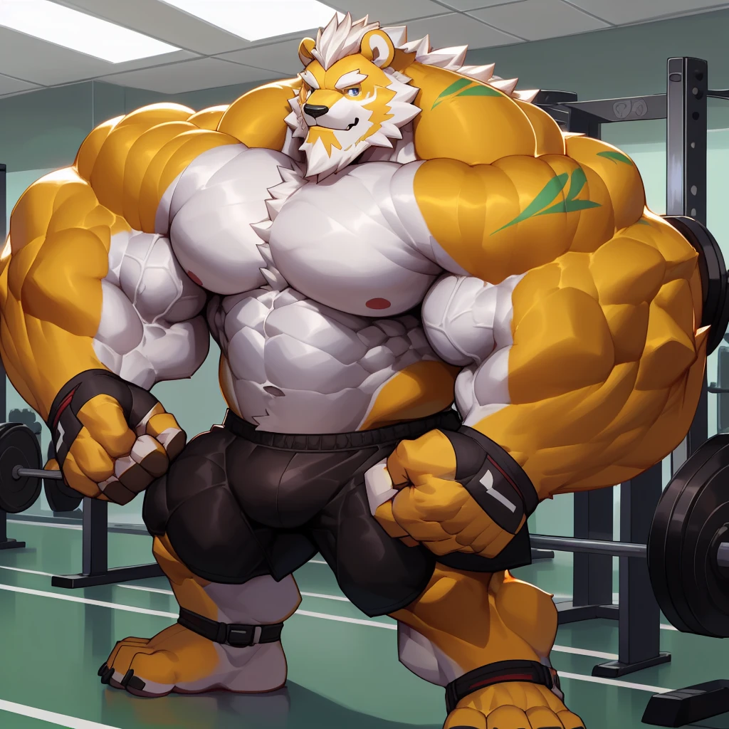 solo, 1boy, Huge Muscular White Polar Bear, huge white fur, pectoral, huge pectoral, wide pectoral, short white hair, ((really big muscle, massive muscular, sixpack, huge fluffy white fur, thick arms, wide pectoral, super huge muscle, hyper muscular, over sized muscle, huge arms, big arms, huge pectoral)), black kickboxing shorts, black toeless wootwear, fingerless kickboxing fighting gloves and shirtless and topless, white bearded, white Mustache, white fur, grey eyebrows, gym fitness center background, masterpiece, high detailed, 8k, high resolution, at the gym, flexes huge thorax, looking at the viewer, acting all hunk