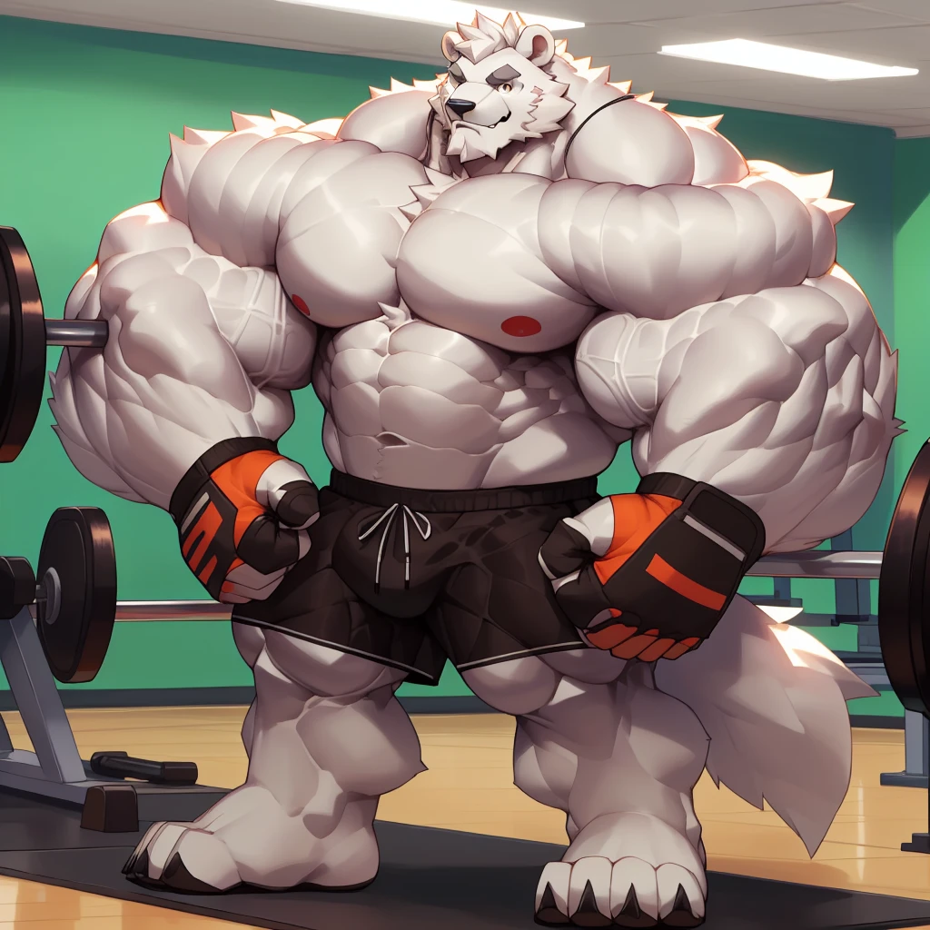 solo, 1boy, Huge Muscular White Polar Bear, huge white fur, pectoral, huge pectoral, wide pectoral, short white hair, ((really big muscle, massive muscular, sixpack, huge fluffy white fur, thick arms, wide pectoral, super huge muscle, hyper muscular, over sized muscle, huge arms, big arms, huge pectoral)), black kickboxing shorts, black toeless wootwear, fingerless kickboxing fighting gloves and shirtless and topless, white bearded, white Mustache, white fur, grey eyebrows, gym fitness center background, masterpiece, high detailed, 8k, high resolution, at the gym, flexes huge thorax, looking at the viewer, acting all hunk