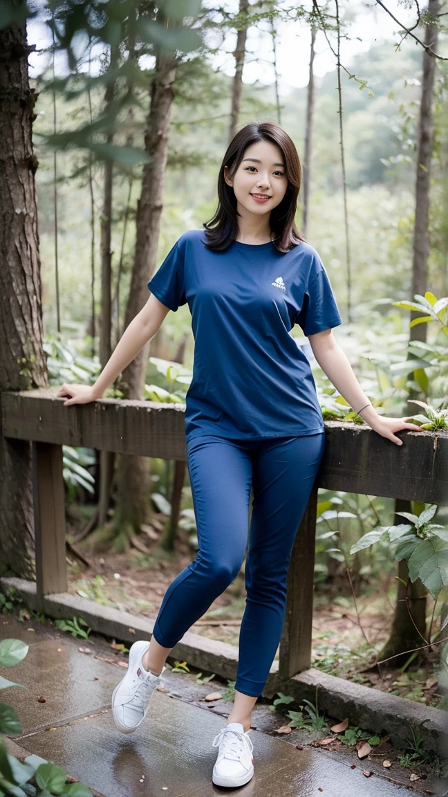 masterpiece, best quality, Surreal, Ultra Detailed, 8K resolution, RAW photos, Clear focus, (A girl in the forest), ((navy blue shirt:1.1)), Short sleeve, Long sweatpants,Full body posture, Solitary, Perfect body, Become a, 32 inches in the chest,(a charming smile:1), (sexy pose),26 years old, light,White shoes