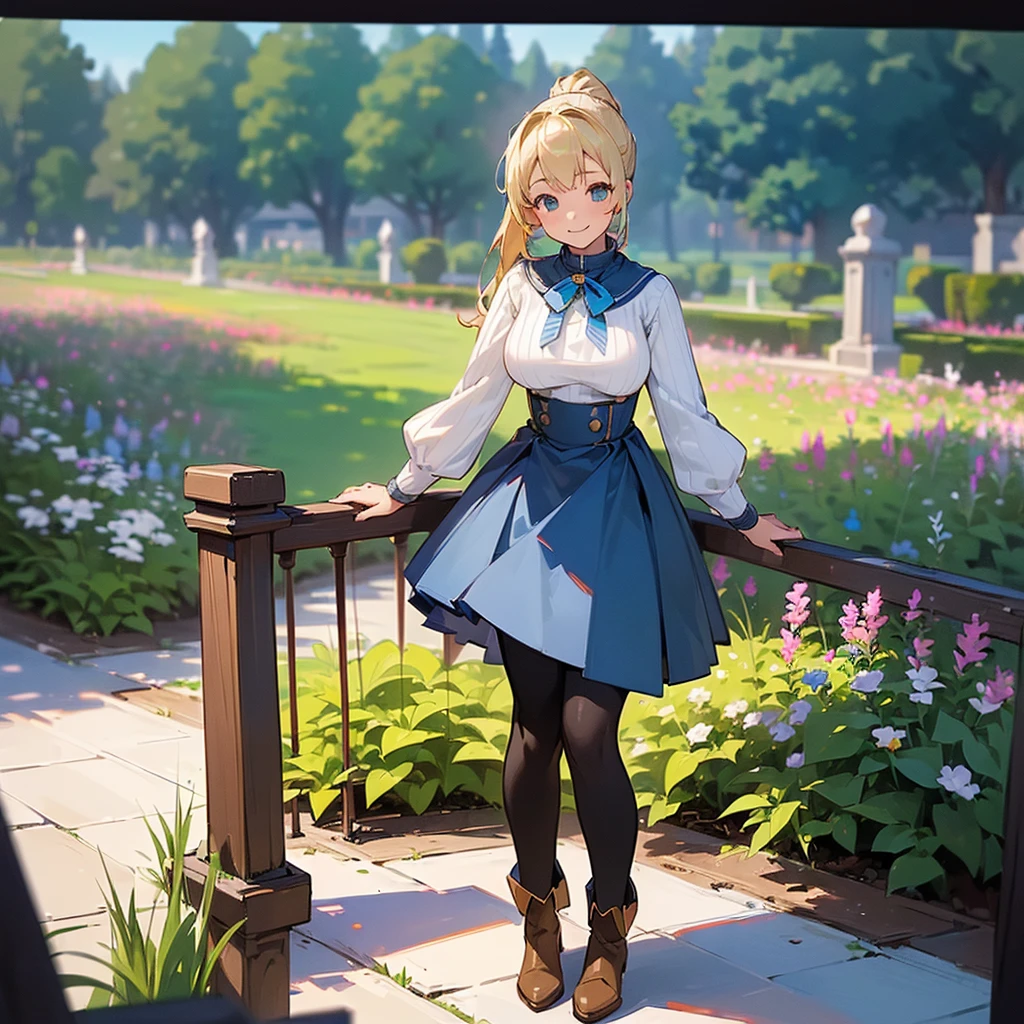 (high quality, High resolution, Very detailed, reality:1.37), Peaceful atmosphere, (Outdoor, garden), Teenage girl standing alone, (my breasts are big.), Beautiful details, Cute Smile, (Blonde Ponytail), Ribbed sweater, Blue Skirt, Black tights, Brown boots.