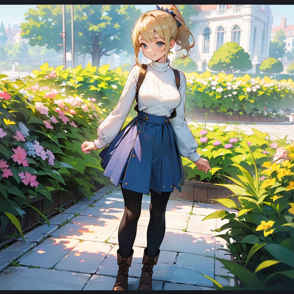 (high quality, High resolution, Very detailed, reality:1.37), Peaceful atmosphere, (Outdoor, garden), Teenage girl standing alone, (my breasts are big.), Beautiful details, Cute Smile, (Blonde Ponytail), Ribbed sweater, Blue Skirt, Black tights, Brown boots.