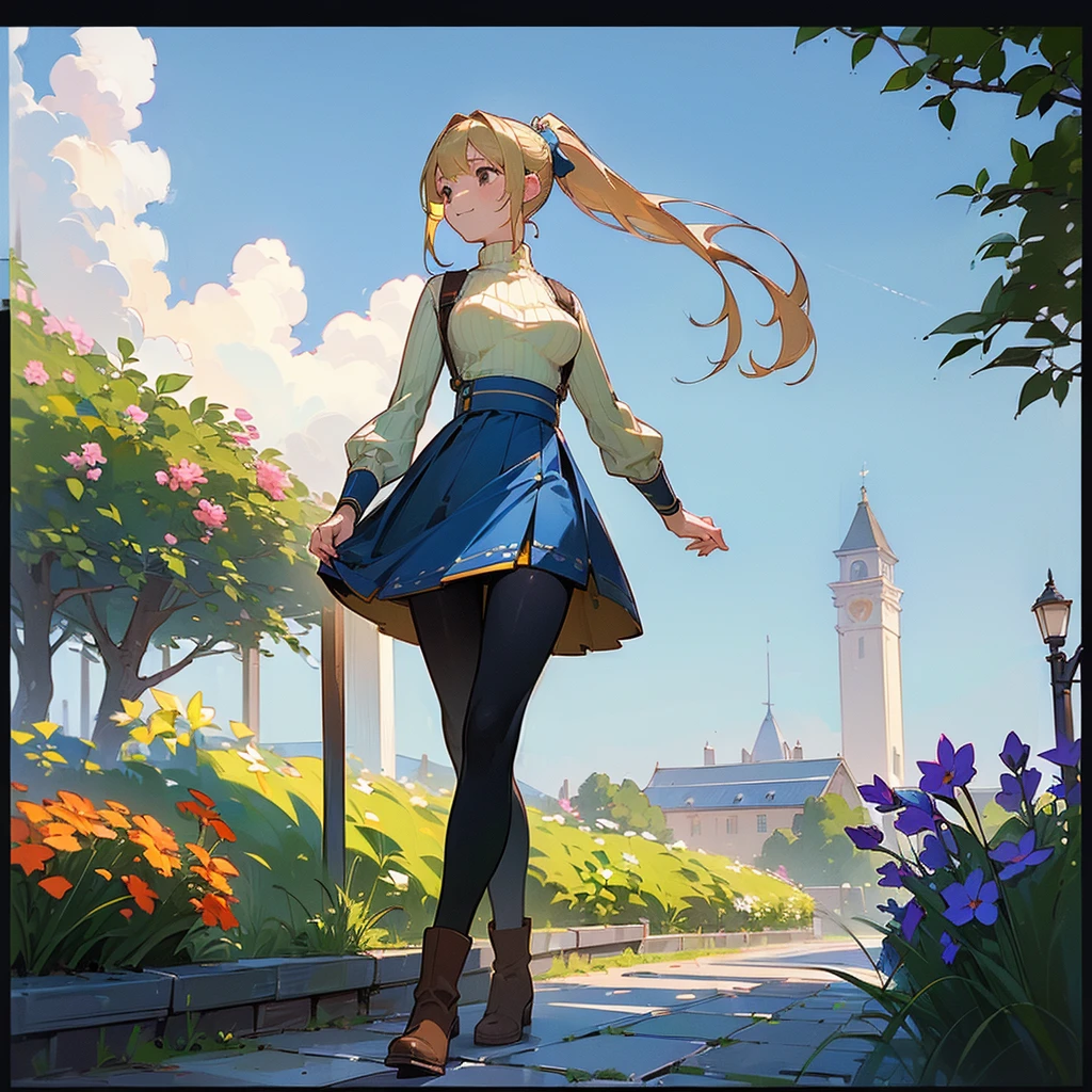 (high quality, High resolution, Very detailed, reality:1.37), Peaceful atmosphere, (Outdoor, garden), Teenage girl standing alone, (my breasts are big.), Beautiful details, Cute Smile, (Blonde Ponytail), Ribbed sweater, Blue Skirt, Black tights, Brown boots.