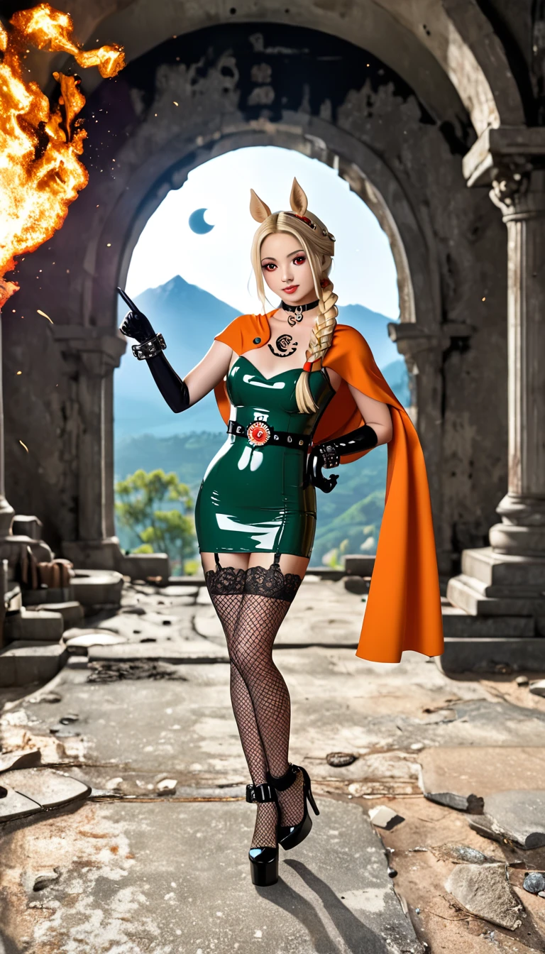 (High quality, masterpieces), One Japanese young woman standing alone, Blonde braid hair with horse ears, Beautiful face, A little black tattoo on her forehead:1.6, Red eyes, Orange short cape, Green mini dress made of shinny latex, Attach a horse tail on her hip, A large fireball floating at the tip of her hand pointing upwards, black wedge heels, Black long gloves with the shackles, Black leather choker, Black fishnet Stockings, Garter belt, Ancient ruins on a mountaintop, Midnight with red crescent Moon