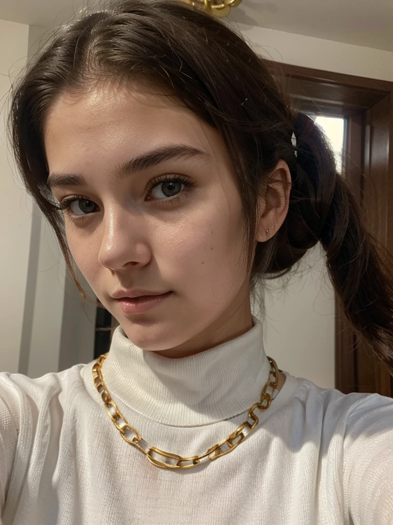 ((Front facing camera selfie)), 18 yo girl named Zahra Amiri, (straight nose), (prominent nose bridge), (female face golden ratios:1.15), long dense dark brown hair, (pale skin:1.25), (hazel eyes), thin eyebrows, high cheekbones, beautiful plump lips, big 34dd natural breasts, wearing tight grey tshirt, apartment background, smirk