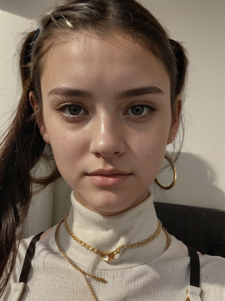 Ultrarealistic, 17 year old teen girl, pretty face, white skin, dark brown hair, wearing a black turtle neck top, gold chain, pony tail, (selfy with front camera)