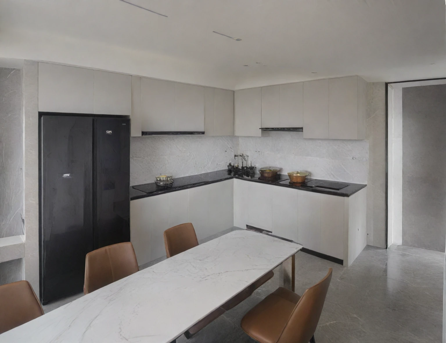 Raw photo,Masterpiece, high quality, best quality, authentic, super detail,
indoors, interior , ((kitchen and dining :1.3)), modern style, daylight, (WHITE WALL),luxury, marble tile floor, fridge, black stone counter top