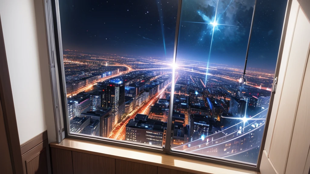 Ultra-high resolution, 8k, (Masterpiece, mysterious:1.2), Works by Makoto Xin Haicheng, Lo-fi feel, Perfect human body engineering, 1 female, 光りSparkling Eyes, Sparkling Eyes, Idol, White ruffled dress, Shiny long black hair, Larger than average bust, Listening to music through headphones, Looking out the window, A room with musical instruments, city view from the window, Impressive cityscape, Bright Sky, meteor, Wide angle, Before dusk