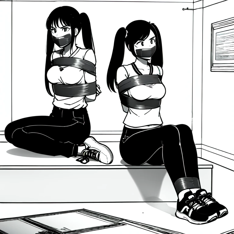 ((2 girls)), ((twin tails)), bound, (arms behind back:1.4), ((simple_background)), ((concrete floor, concrete wall)), ((dark empty room)), tied hands, tied ankles,  ((arms behind back)), ((((arms behind back)))), ((scowl)), ((sitting on the knees)), ((mouth close)), ((mouth gagged)), ((tape gag)), bdsm, tape gag, ((helpless)), (tights pants, long black pants, sports shoes)