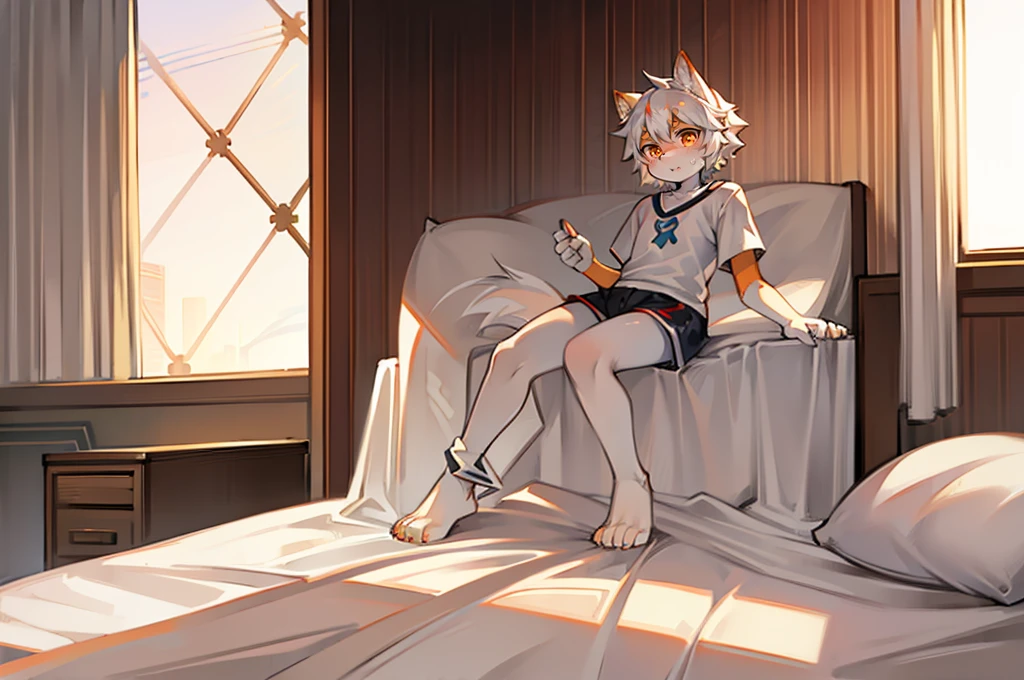 White Wolf Youth，Orange pupils，White hair，Shorts and shorts，nearl，On the bed