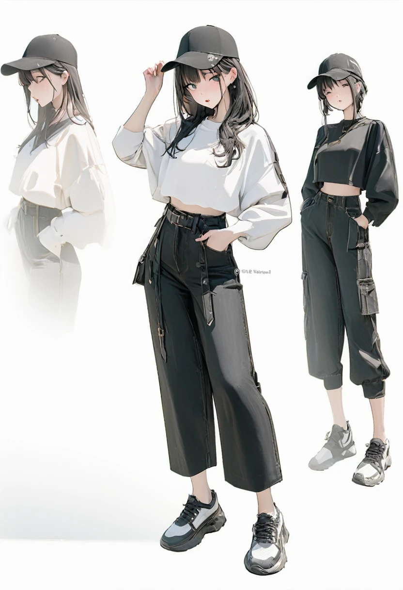 (Masterpiece, best quality: 1.2, 8K), center, full body, 20s, one adult girl, black fashion, casual wide pants, simple sneakers, simple background, white background, open eyes, delicate eyes, beautiful eyes,