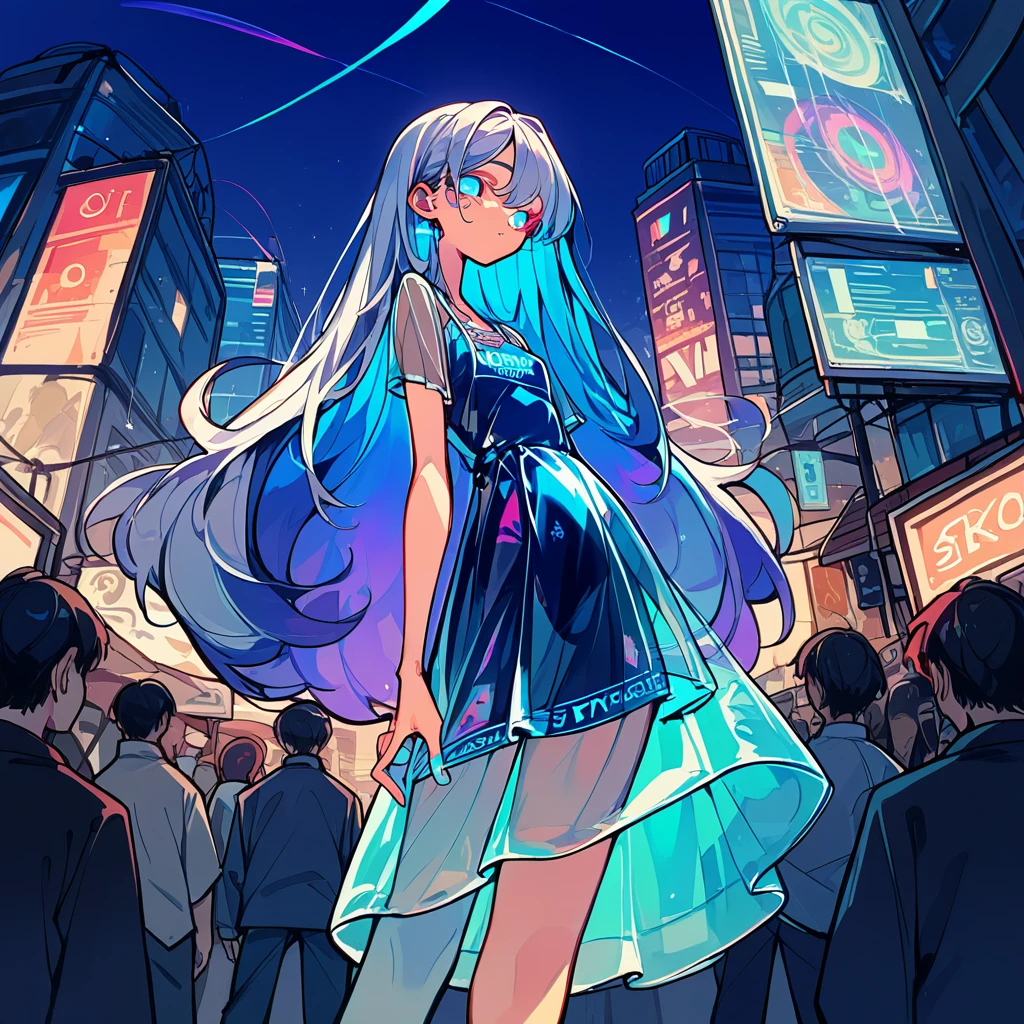 score_9_up, score_8_up, score_7_up, score_6_up, source_anime，1girl、2d, flat、Transparent color PVC clothing, Transparent Color Vinyl Clothing, dress、Prismatic, Holographic, chromatic aberration, Fashion Illustration,City、Night view