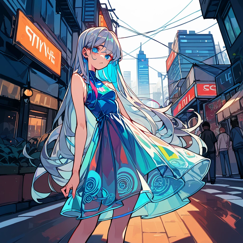 score_9_up, score_8_up, score_7_up, score_6_up, source_anime,1girl、2d, flat、Transparent color PVC clothing, Transparent Color Vinyl Clothing, dress、Prismatic, Holographic, chromatic aberration, Fashion Illustration,City、Night view