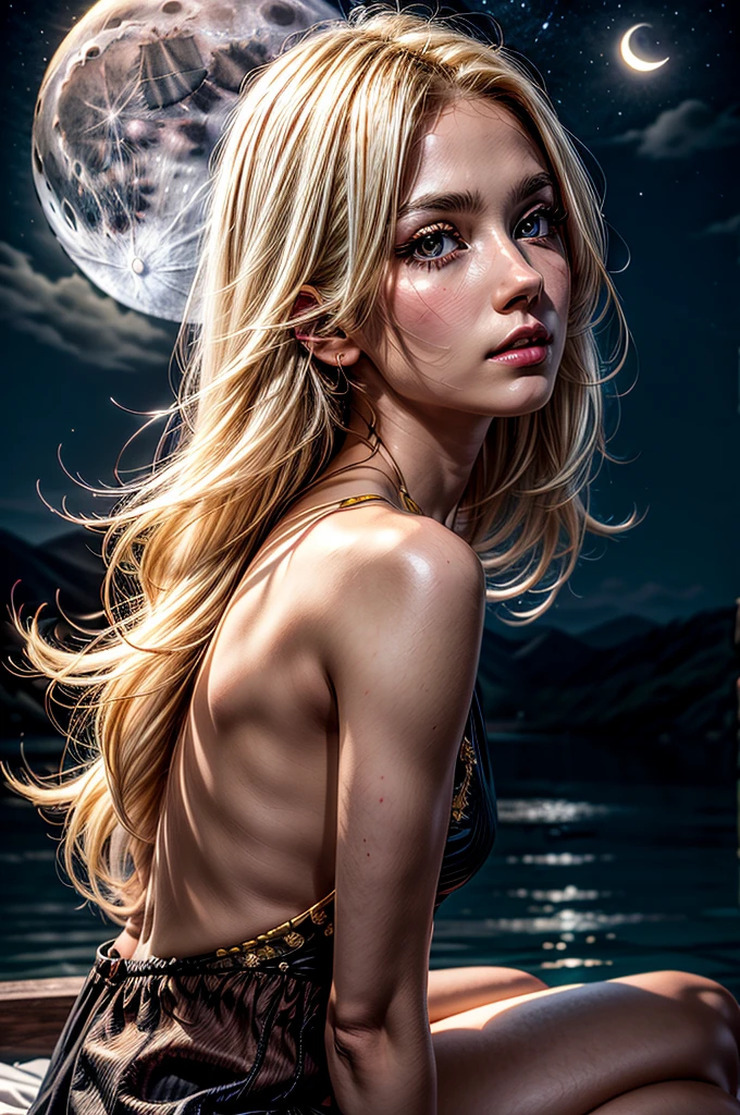 1woman, moon background, sitting, from side, white skin, intense blush, yellow eyes, blonde hair, long hair, looking at viewer from side, black top