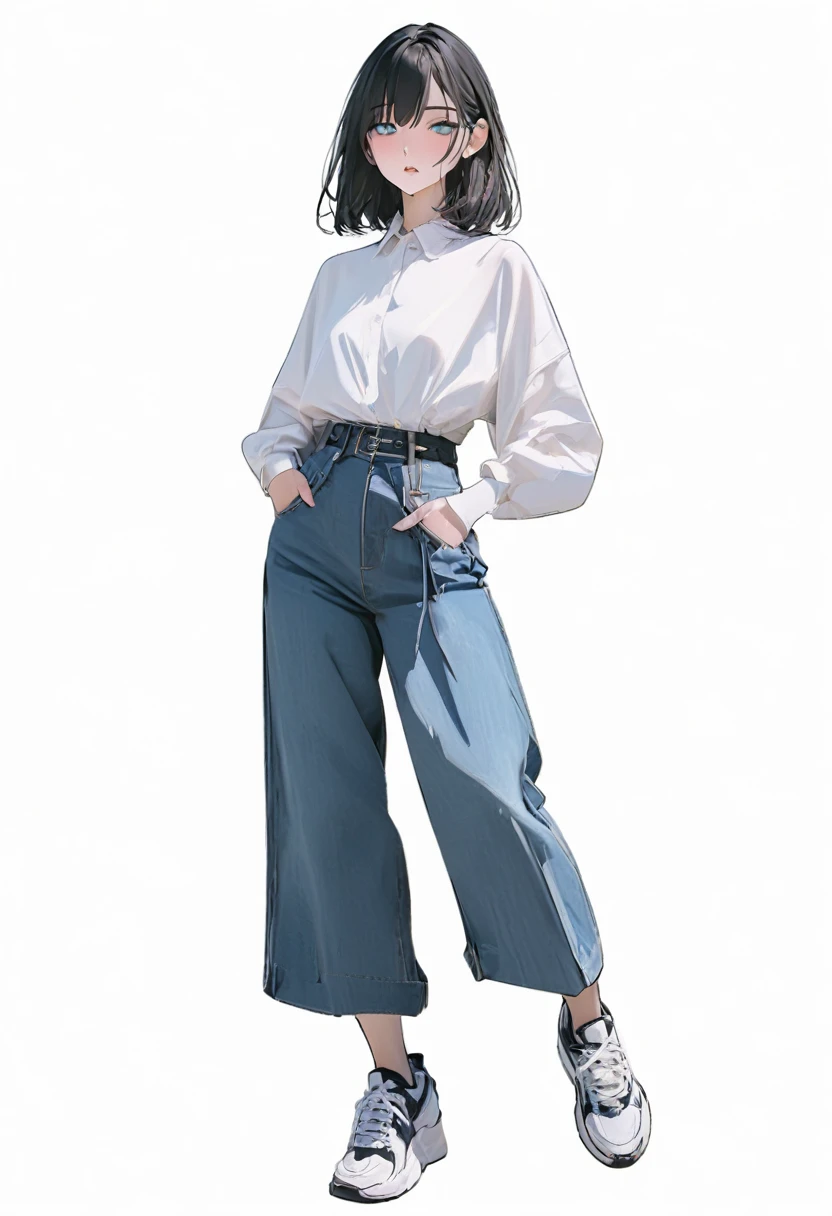 (Masterpiece, highest quality: 1.2, 8K), center, full body, 20s, 1 adult female, black fashion, blue wide pants, simple sneakers, simple background, white background, eyes open, delicate eyes, beautiful eyes,