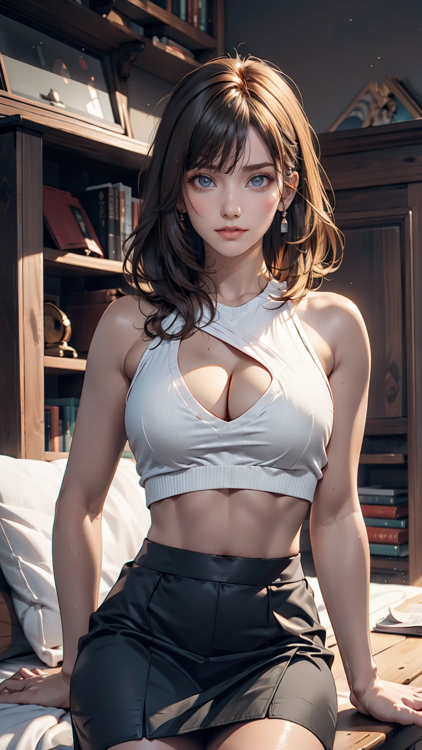 Ultra-high resolution, Highest quality, photograph, 4K, (Realistic:1.4), Girl with a wreath on her head, Long blonde hair、24-year-old female、Sexy proportions、Sexy、Textured skin((textured skin))、Side-swept chignon((good site))、Narrow waist、Cropped tops((crop top))Tops、Hipbone Skirt((hipbone skirt))、Stiletto heels、Clutch bags、Put one hand on your hip、